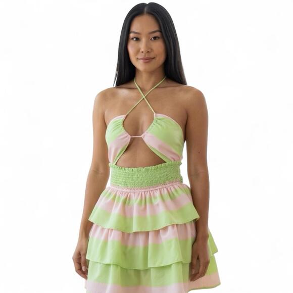 Tiered Halter Mini Dress Green Pink Striped Cutout Size M Main Strip Resort - Picture 2 of 9